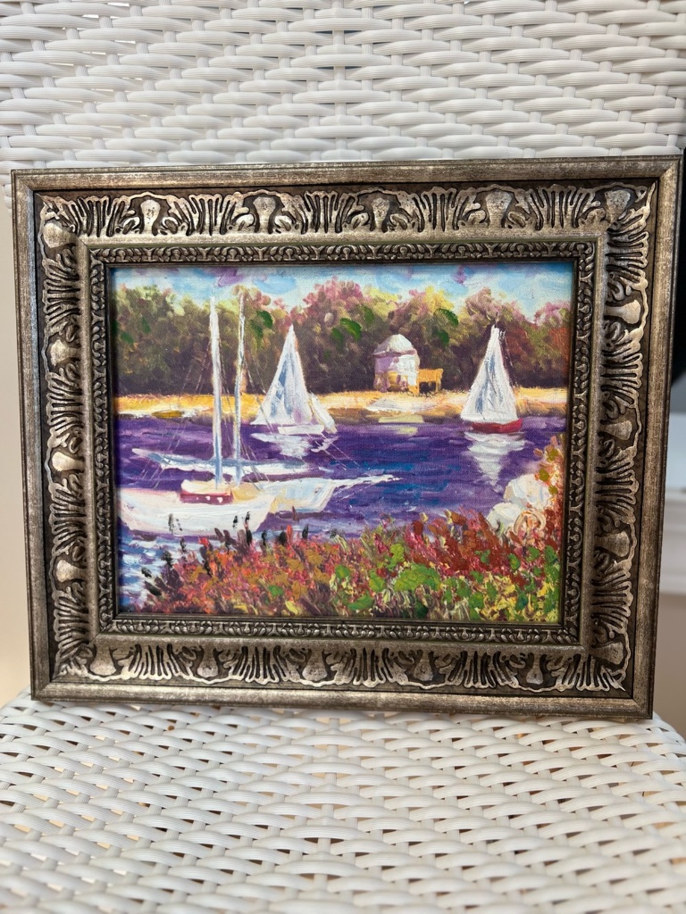 Small Framed Coastal Sailboat Oil Painting in Purple and Green